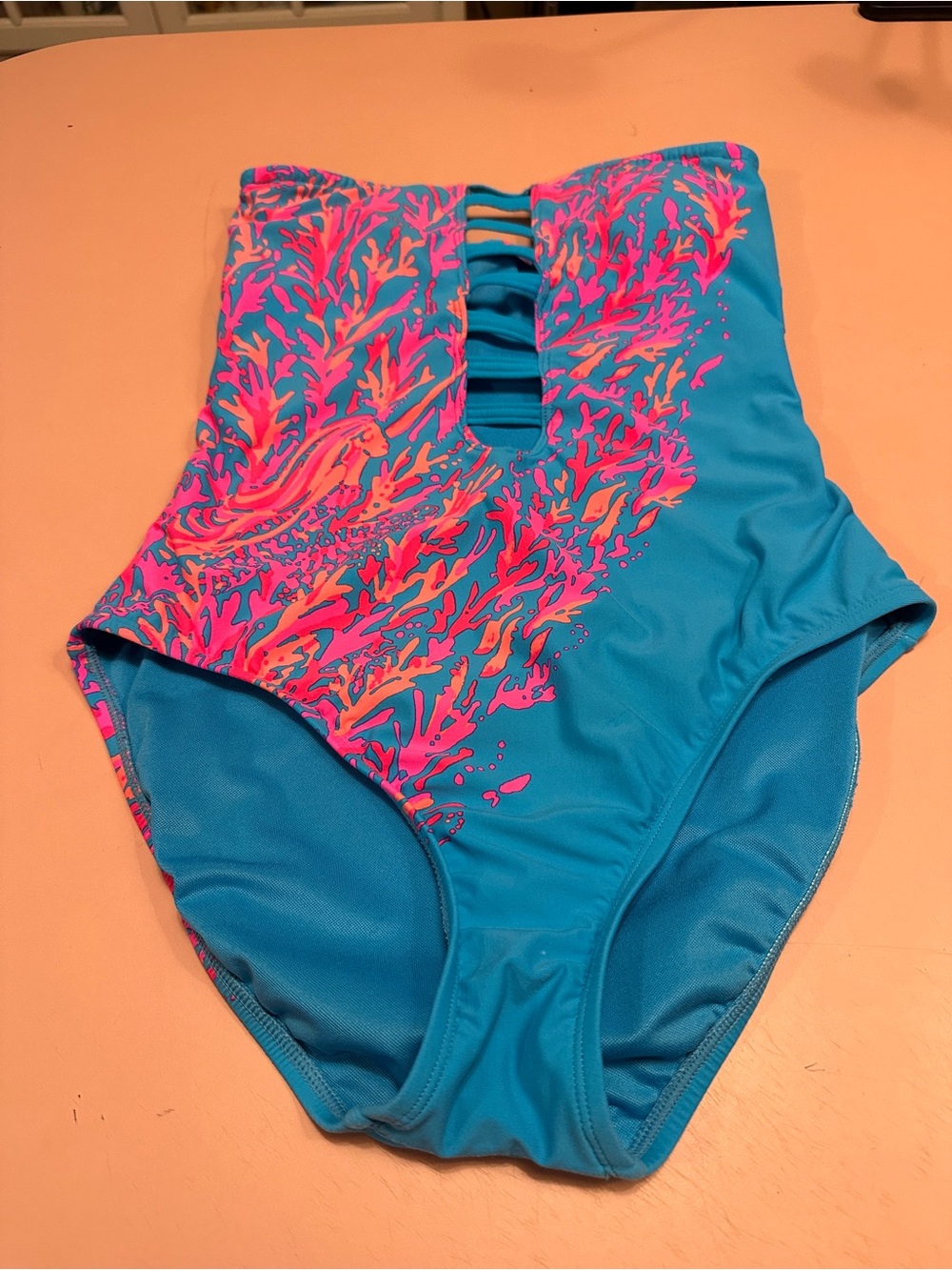 Lilly Pulitzer Teal One-Piece Swimsuit with Pink and Orange Coral Print